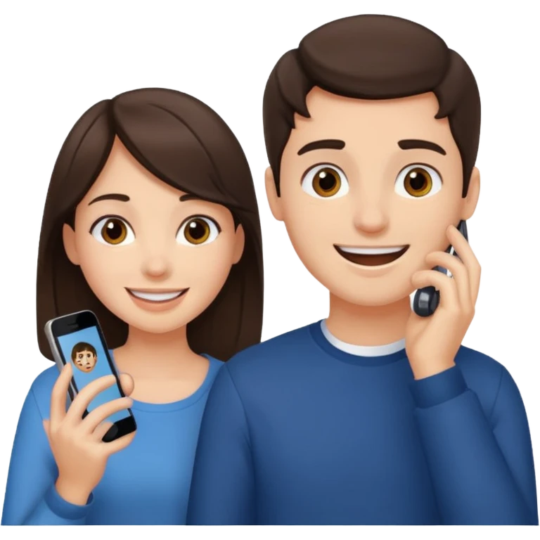 generate 2 teenagers. (one boy, one girl) brunette. calling while smiling awkwardly emoji
