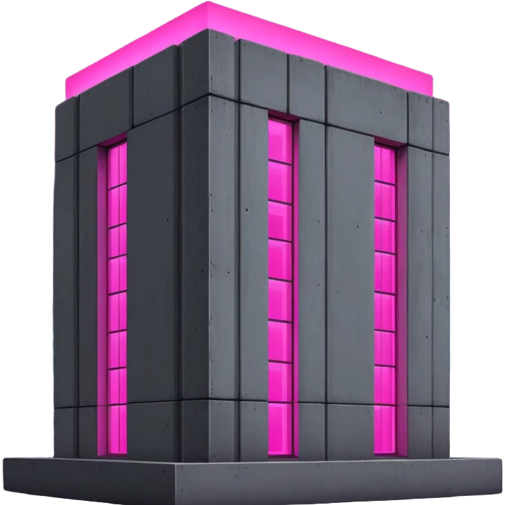 Nighttime scene of a Russian concrete panel building, dark gray rectangular structure against night sky, one window with intense bright pink UV grow light glowing in the darkness emoji