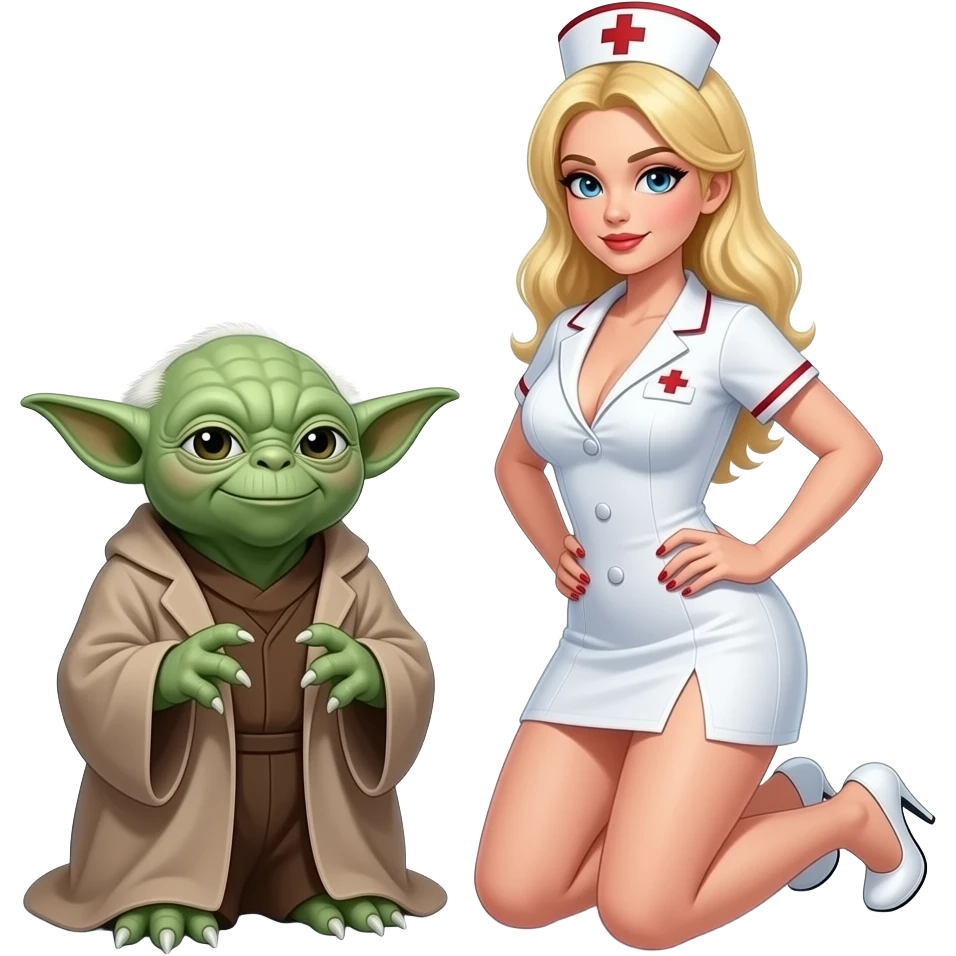 Yoda and a blond female apprentice in high heels very short skirt ,with large breasts kneeling wearing a nurse outfitkneeling emoji