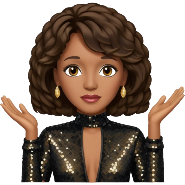 Whitney Houston with dark brown hair, black sequin jumpsuit emoji