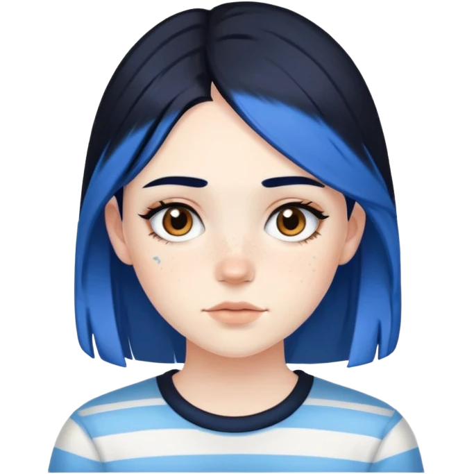 Pale girl with brown eyes and freckles, black hair, with two strips of blue hair emoji