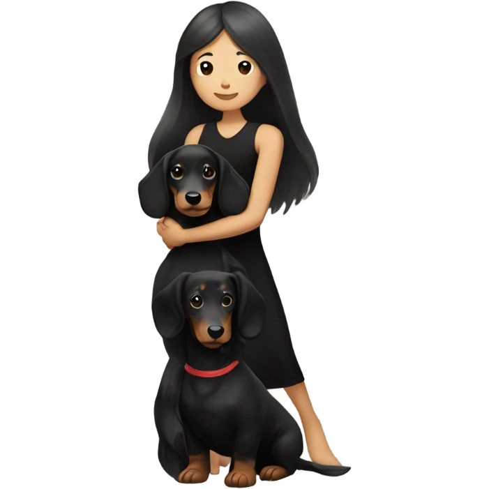 an Asian girl with long hair, wear black dress, hugging a black and tan long haired dachshund emoji