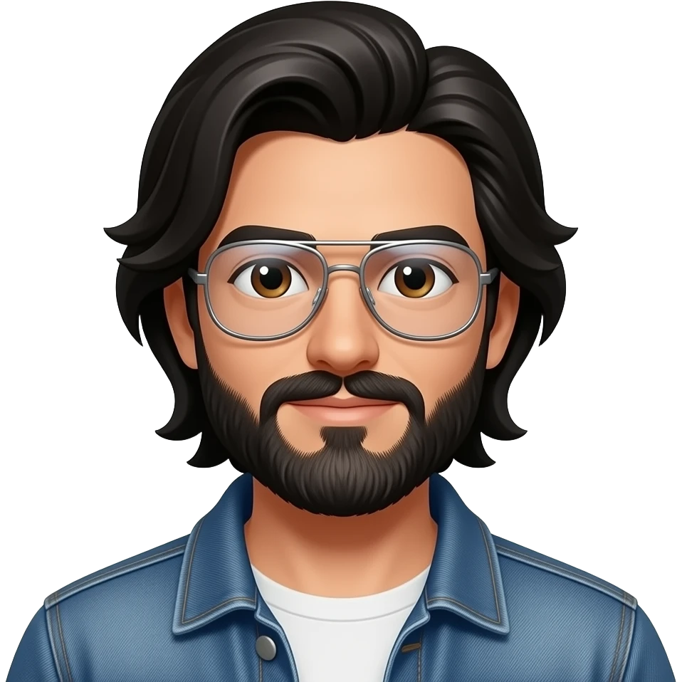 white male black past shoulder length hair, aviator glasses with clear lines, medium black beard in jean jacket with brown eyes emoji