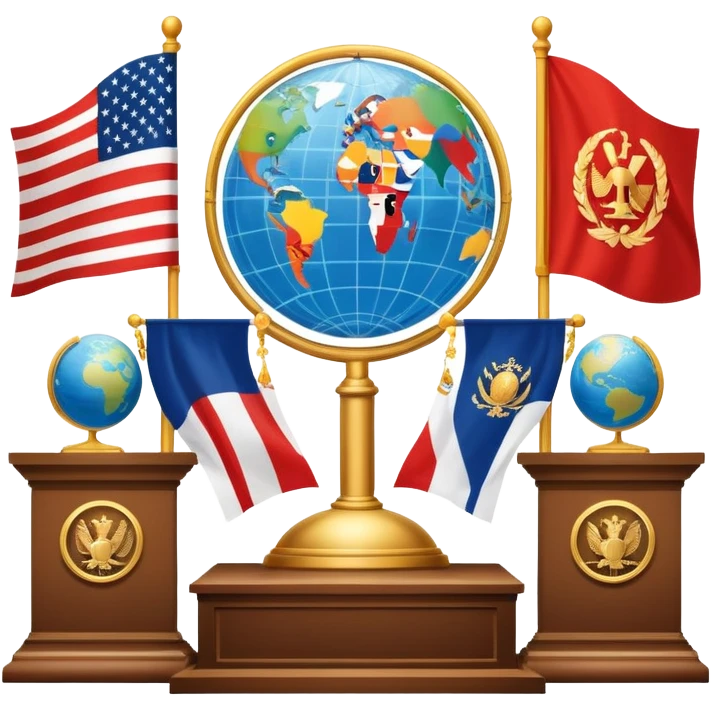 An icon featuring a podium with a speaker, national flags, and voting ballots, symbolizing political science. The design includes a globe and scales of justice in the background, representing governance, global affairs, and political theory. Transparent background emphasizes civic engagement emoji