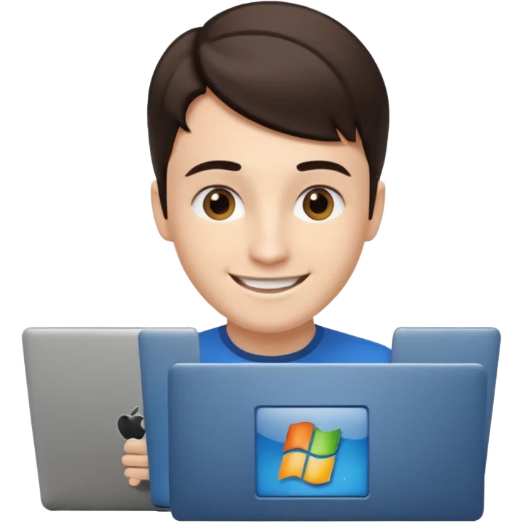 a programmer happy with a microsoft logo showing on the laptop screen emoji