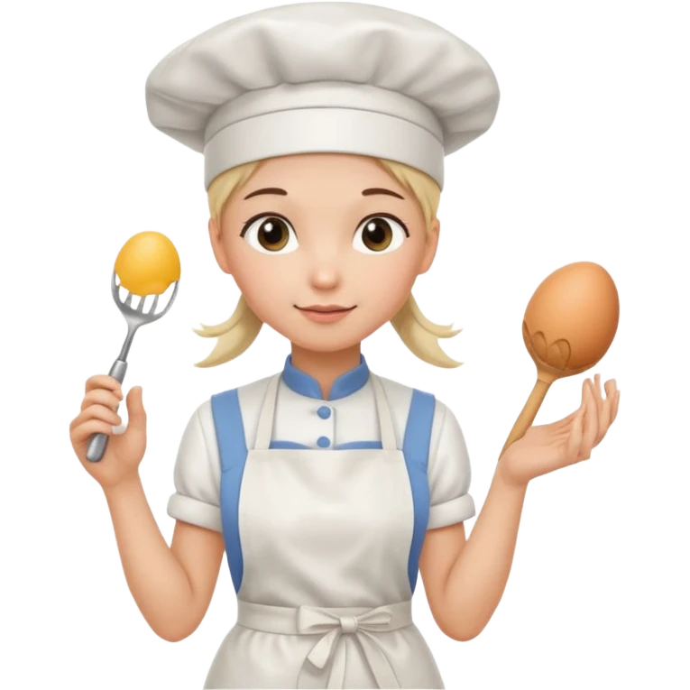 Young female pastry chef - ponytail, apron, wearing a white hat, holding an egg beater in her right hand, and naturally hanging her left hand to her side emoji