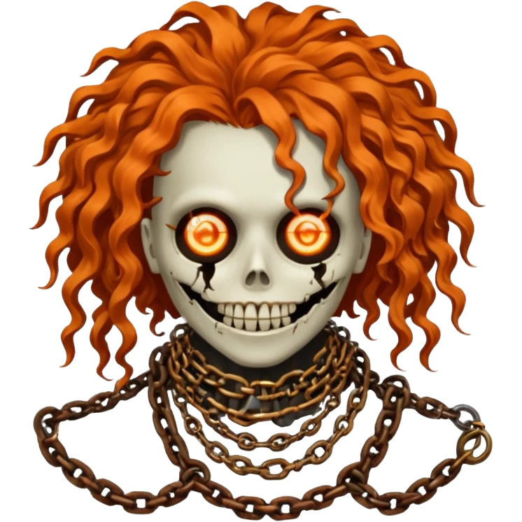 steam-punk Megadeth - iconic corpse made of rusty metal with chains on its teeth, huge curly orange hair emoji