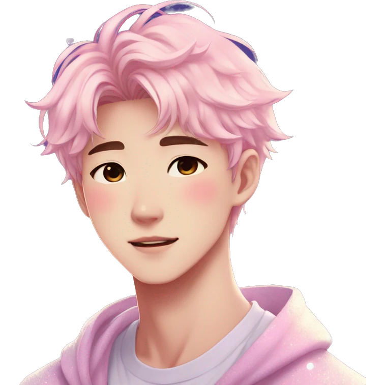 Gorgeous bright sparkly romantic Asian anime pastel guy with blushing face aesthetic trending style outside emoji