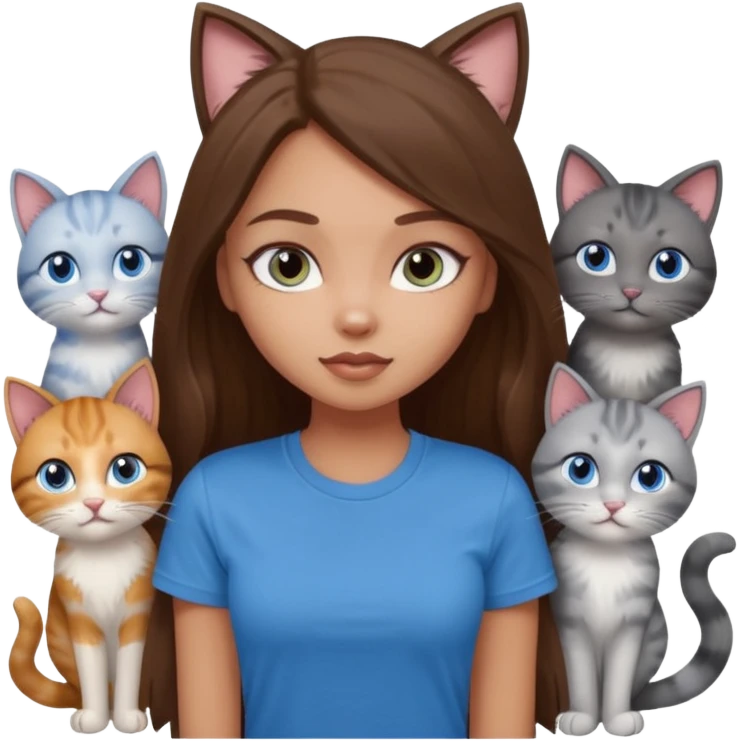 a pretty bratz dusky light skin girl with long brown hair, blue eyes with six cats nd wearing a grey tshirt emoji