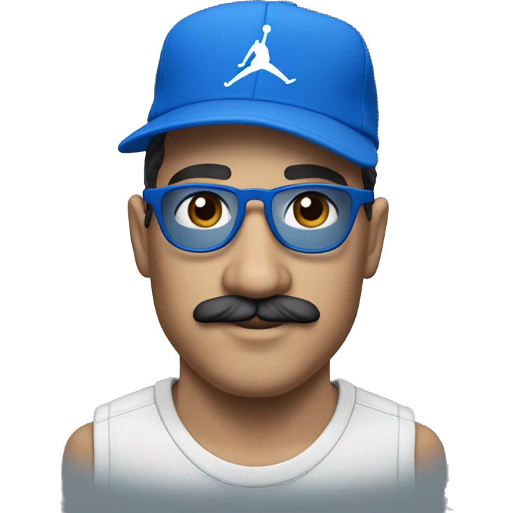 Homme européen avec une moustache portant des lunettes bleues , une casquette jordan bleu , un survêtement bleu emoji