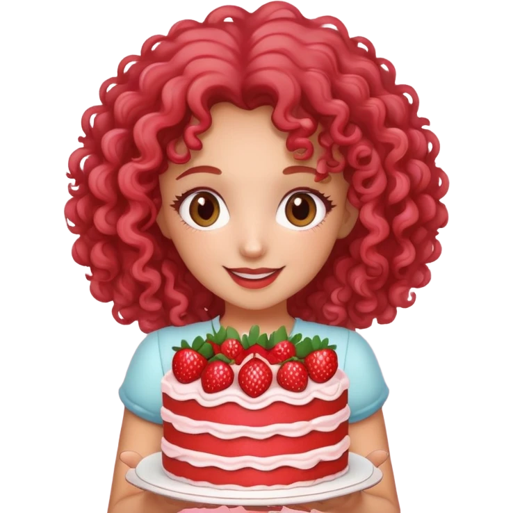 Hasme una chica rizada sosteniendo en sus manos un pastel de fresas y que diga happy birthday y que su cuerpo llega solo hasta la cintura  emoji