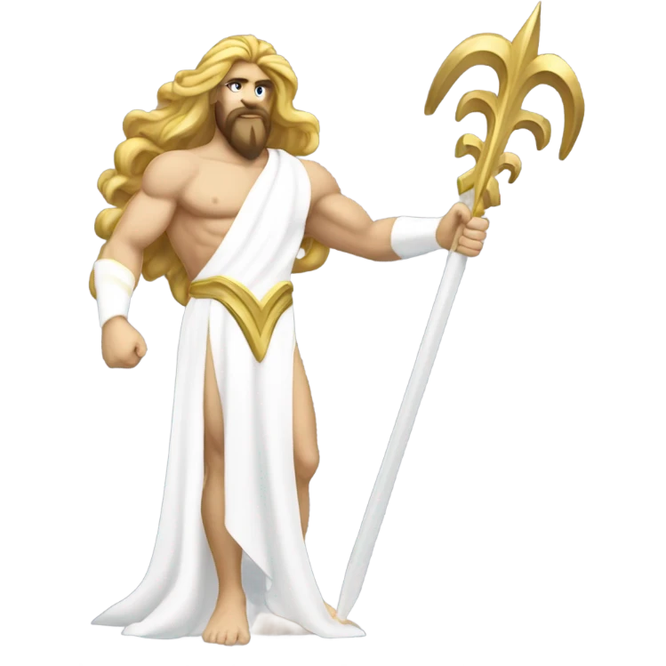 white Poseidon with gold Trident. long hair white dress. show biceps emoji