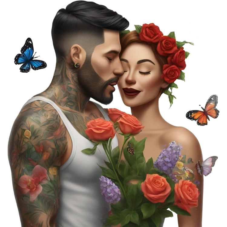 Hyper Realistic beautiful woman being kissed by a handsome tattooed man holding flowers with butterflies  emoji