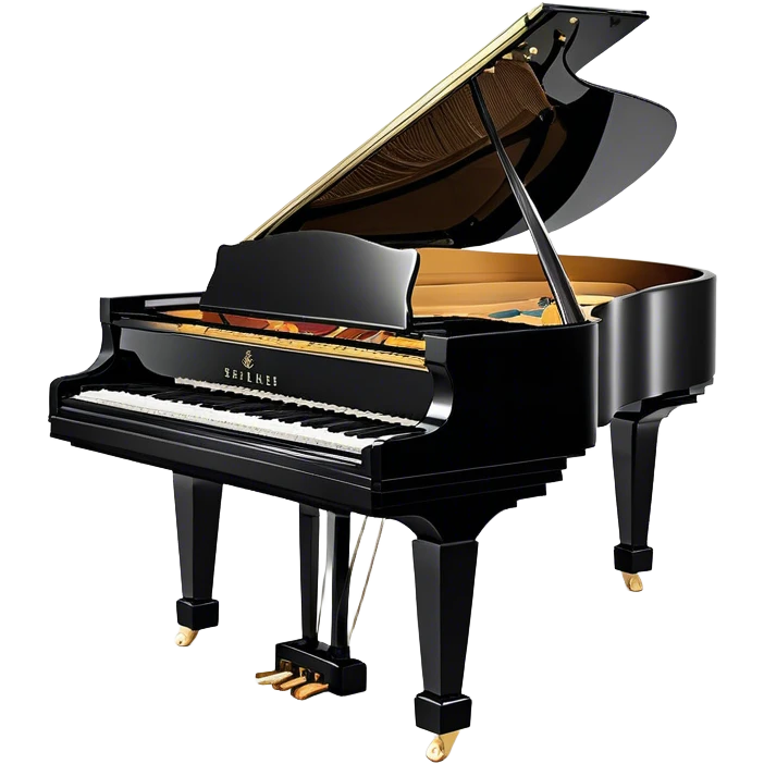 Create an elegant and detailed emoji representing the Seiler 278 Konzert grand piano. The design should feature the grand piano's polished black body with shiny, reflective surfaces, capturing its high-quality craftsmanship. The black and white keys should be clearly visible, with the curved shape of the grand piano’s body and lid, which can be slightly open. Add visible details like the pedal system, the intricate wood finish on the frame, and the elegant legs of the piano. The musical notes should float around the piano, evoking the sound of a professional concert instrument. Use deep black, white, and gold tones to highlight its luxurious appearance. The background should be transparent. emoji