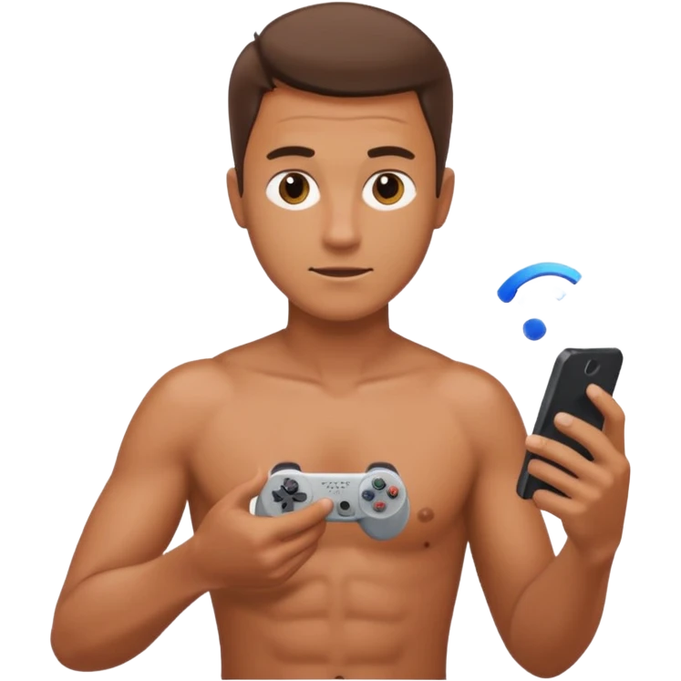 Hombre sin camisa jugamos playstation y con celular  emoji