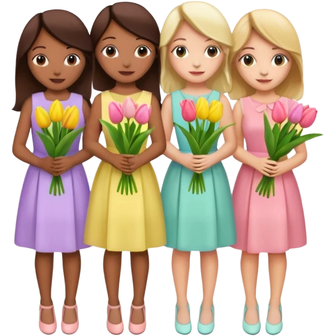 spring girly event - 5 girls wearing pastel dresses holding tulips emoji