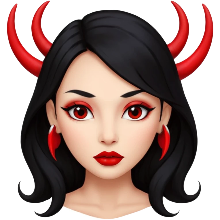 A girl's face with cheekbones, skin red, long black hair, small red horns, big lips emoji