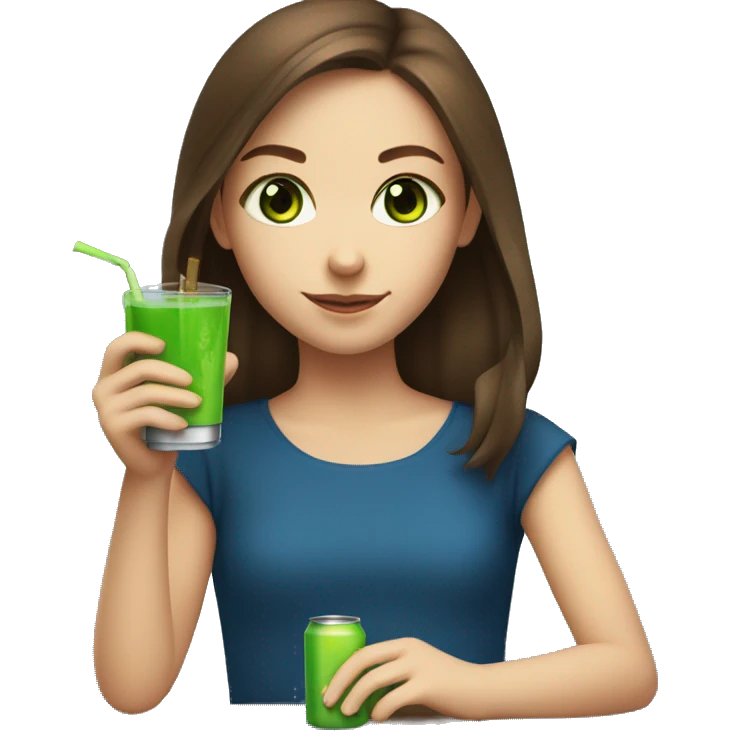 Girl with brown hair and blue eyes drinks a green match  emoji