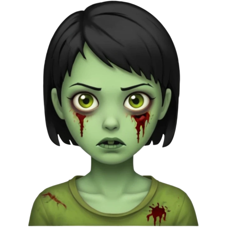 Emoji zombie girl verde com cabelo preto curto com uma expressão impassivel emoji