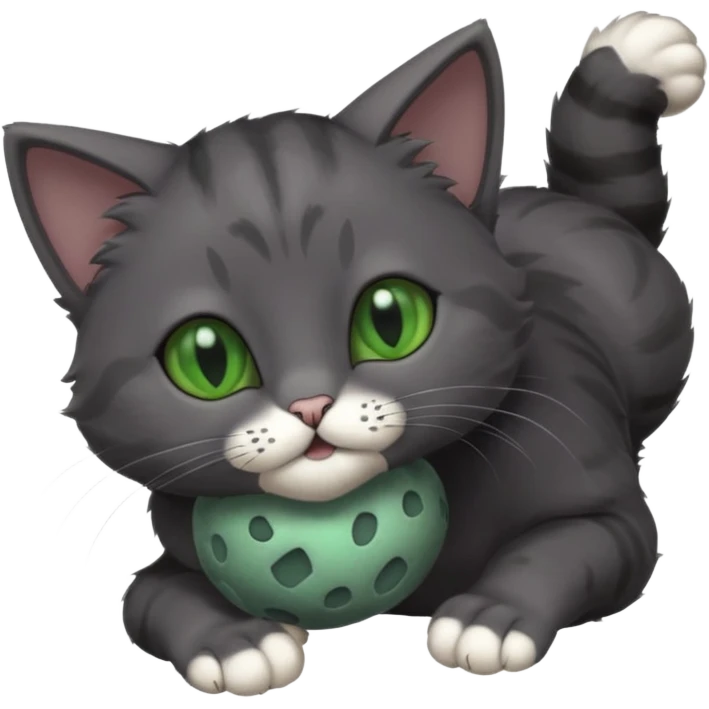 solid dark grey cat with green eyes, completely solid grey face, white toes/paws playfully rolling upside down emoji