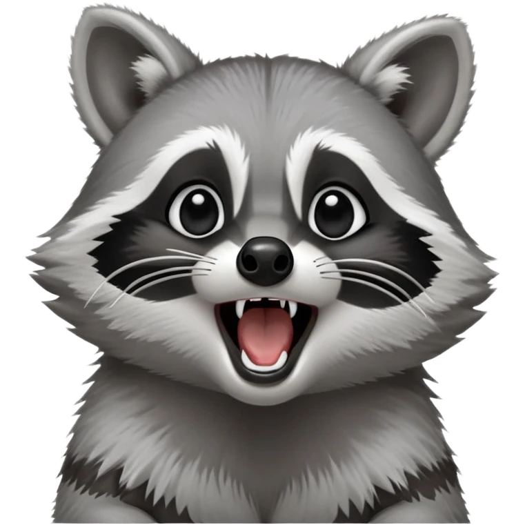 Cinematic-cute realistic- Yawning Raccoon-Portrait-Emoji – Poised and confident, wide-open yawn, revealing a soft grey with a sturdy build and a beautifully textured fur of silver-grey accented by dark black facial markings, deep-set, big black eyes, simplified yet sharp and sophisticated zoom out to show shoulders emoji