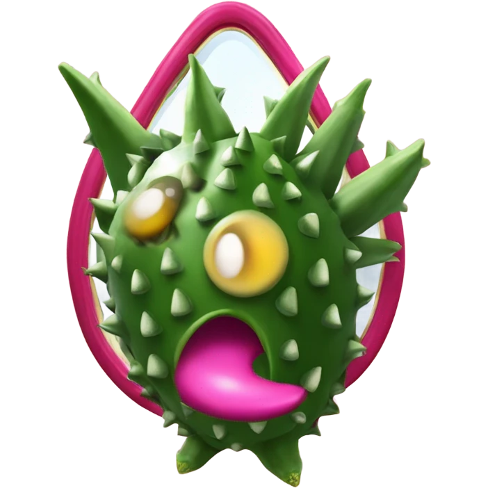 3D elegant Pitahaya with large shiny eyes 👀 Pitahaya hand holds the mirror with its reflection 🪞 emoji