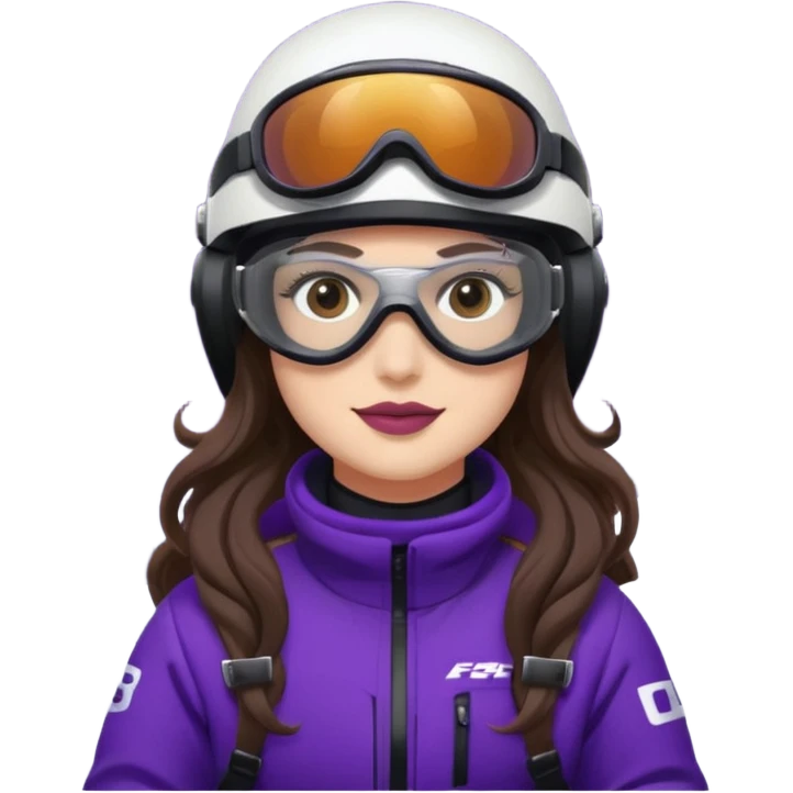dark purple snowmobile, me Sitting on snowmobile goggles and helmet not covering my face brown eyes long wavy hair white skin dark purple formula 1995 snowmobile change sled color dark purple and white not yellow Snowmobile helmet and goggles, not on my face pants black remove face goggles emoji