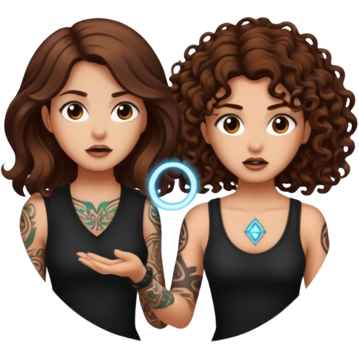 rune trap — long wavy brown hair tattooed woman and short tight curly brown hair woman — startled circle glow emoji