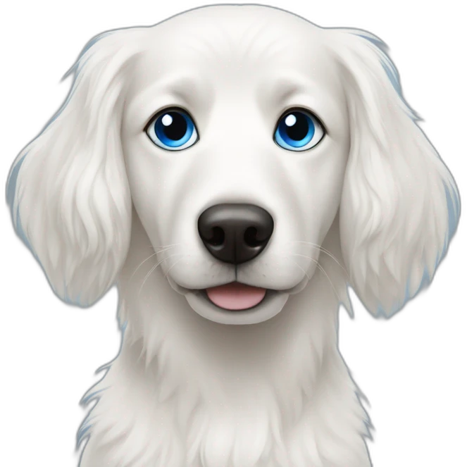 long hair white dog with a blue eye and the other eye brown emoji