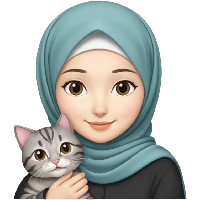 Asian White girl wearing pretty hijab holding a black grey tabby cat while smiling emoji