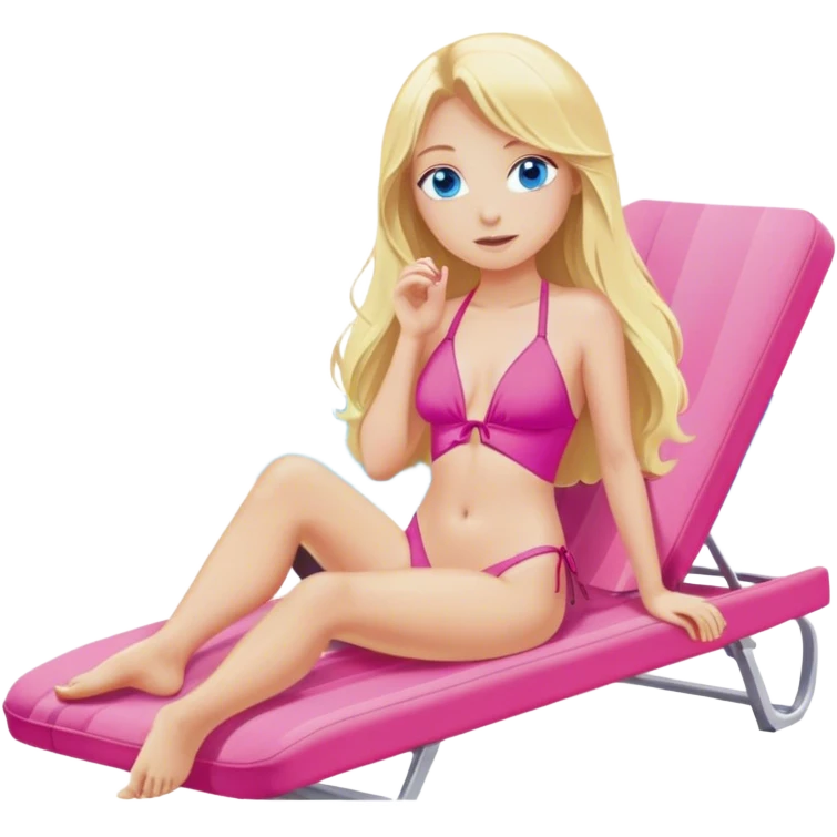 A cinematically realistic blonde with long hair and blue eyes is lying on a chaise longue in a pink swimsuit, sunbathing in the sun emoji