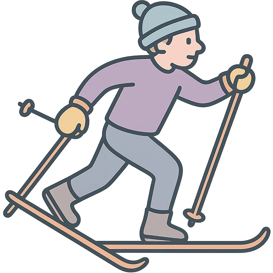 a skier in motion, skating technique on cross-country skis, detailed shading, thin clean outlines, soft rounded features, pastel palette #98B5BC #B5B3C1 #C9A3C9 #E4C0CA #F7DCD1 #F7C0AA, Japanese pop art, sticker look, highly detailed, vector clarity, soft lighting, subtle shadows, transparent background emoji