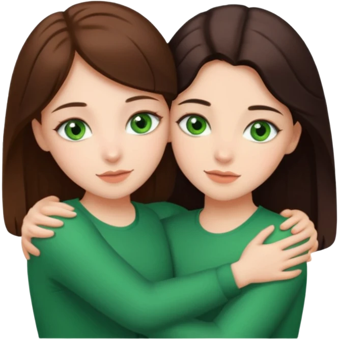 A brunette sister with green eyes and a brunette sister with green eyes in different clothes together hugging emoji