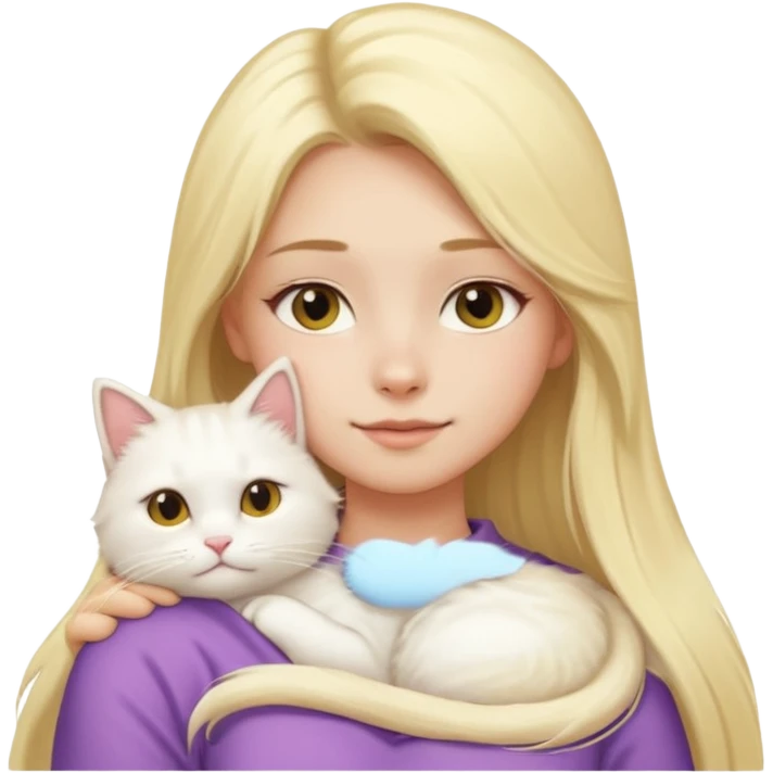 a girl with long blonde hair and a white fluffy cat lying on her left shoulder and neck, emoji style, suitable for Discord and Slack sharing emoji