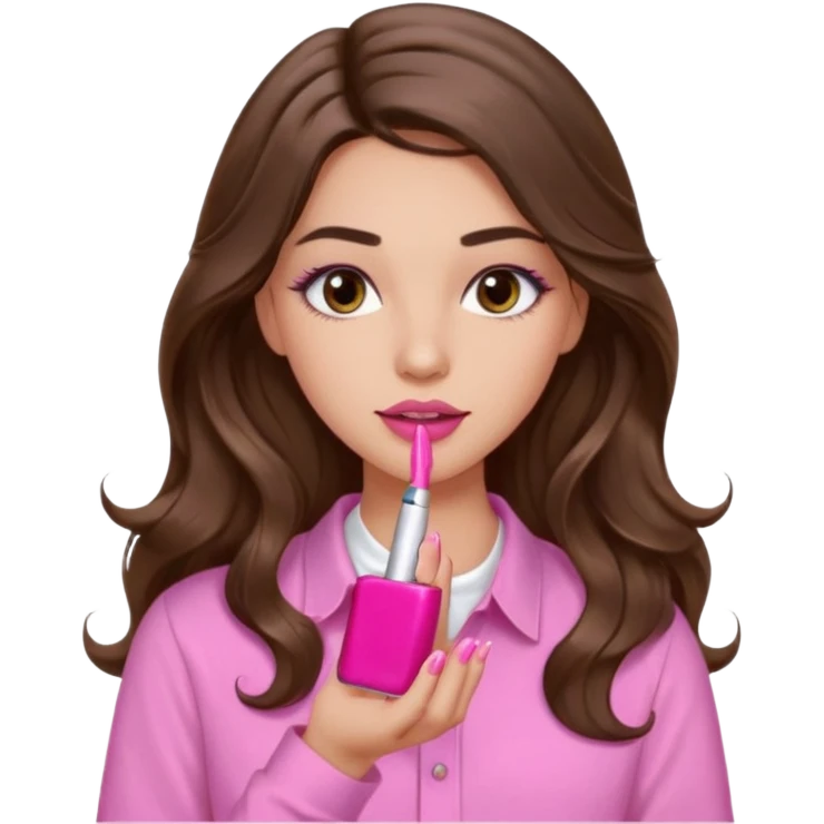 girl with long wavy brown hair, brown eyes, light to medium complexion, in a pink shirt, pink lips, long lashes, puckered lips, showing off painting long nails emoji