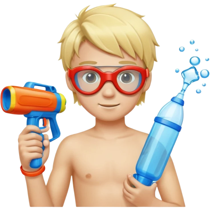 Blond 18 year old boy, wearing swim goggles and holding a water gun emoji