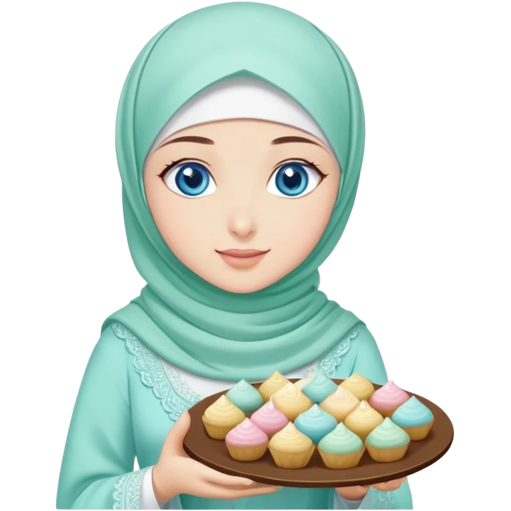 Turkish beautiful finish Konya girl blue eyes with mint hijab islamic dress and had on her hand text Eid Mubarak with sweets and celebrating with her friends eid days   emoji