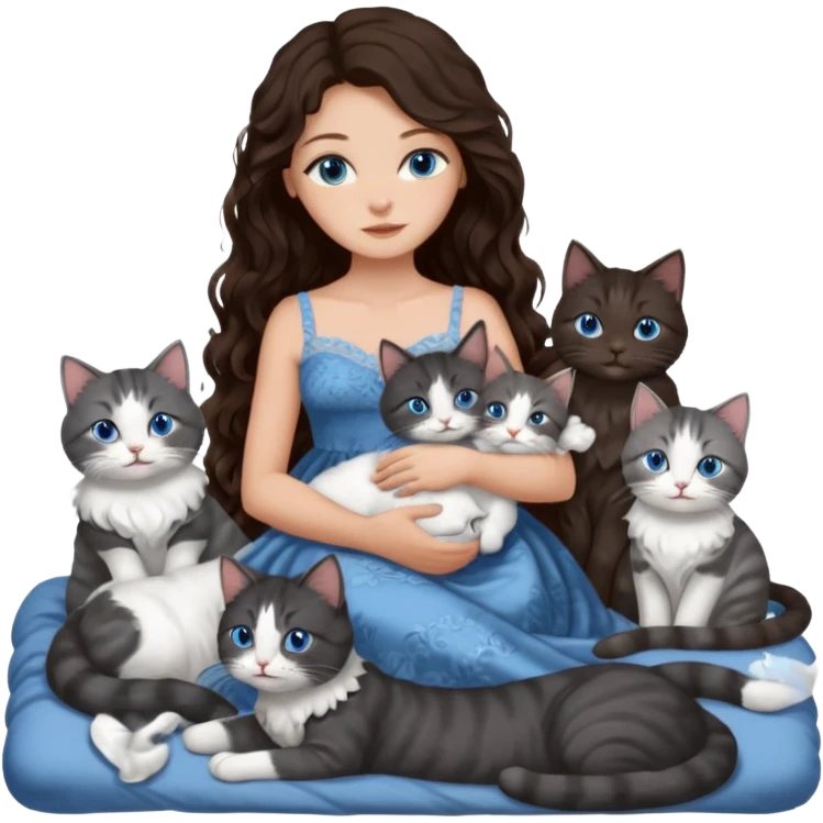 detailed realistic looking a dark grey and white cat regally laying with six other cats, cuddling with their owner in bed who is a pretty bratz lightly tanned white girl with long dark brown hair, blue eyes and gorgeous long wavy hair wearing a pretty detailed dress emoji