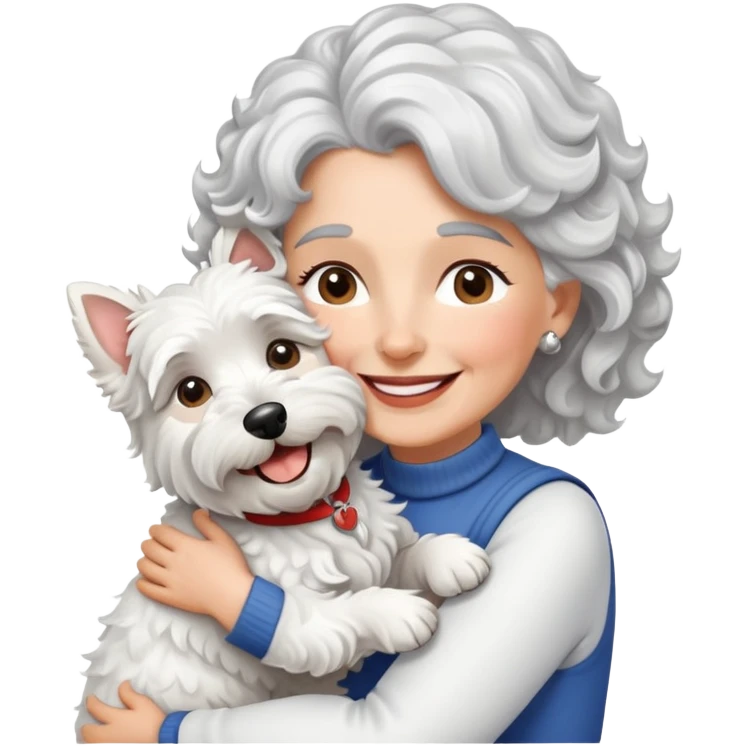 Single silver-haired with curly hair 60-ish lady smiling and hugging only ONE westie dog emoji