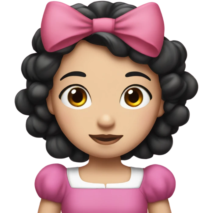Bow centered on head, normal pink t shirt.princess Snow White, black color hair, with a big pink bow on head emoji