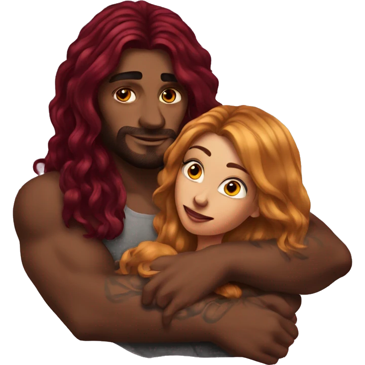 Beautiful tattooed burgundy long haired woman laying on the boyfriends chest emoji