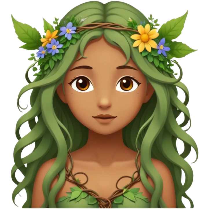 Cinematic Realistic Forest Nymph Fairy Portrait, depicted with lifelike, sun-kissed tanned skin that radiates an earthy glow, softly illuminated by natural, dappled light. Her long, flowing hair is intricately detailed and interwoven with delicate vines and wildflowers, while her deep, soulful eyes mirror the wisdom of the forest. Dressed in an attire inspired by nature’s palette—with subtle botanical motifs—the portrait exudes a soft, enchanted glow that melds realism with woodland magic. emoji