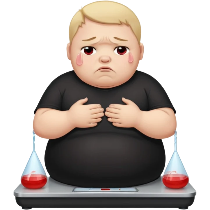 sad fat young boy in black t shirt on weight scale crying with tears on his cheeks emoji