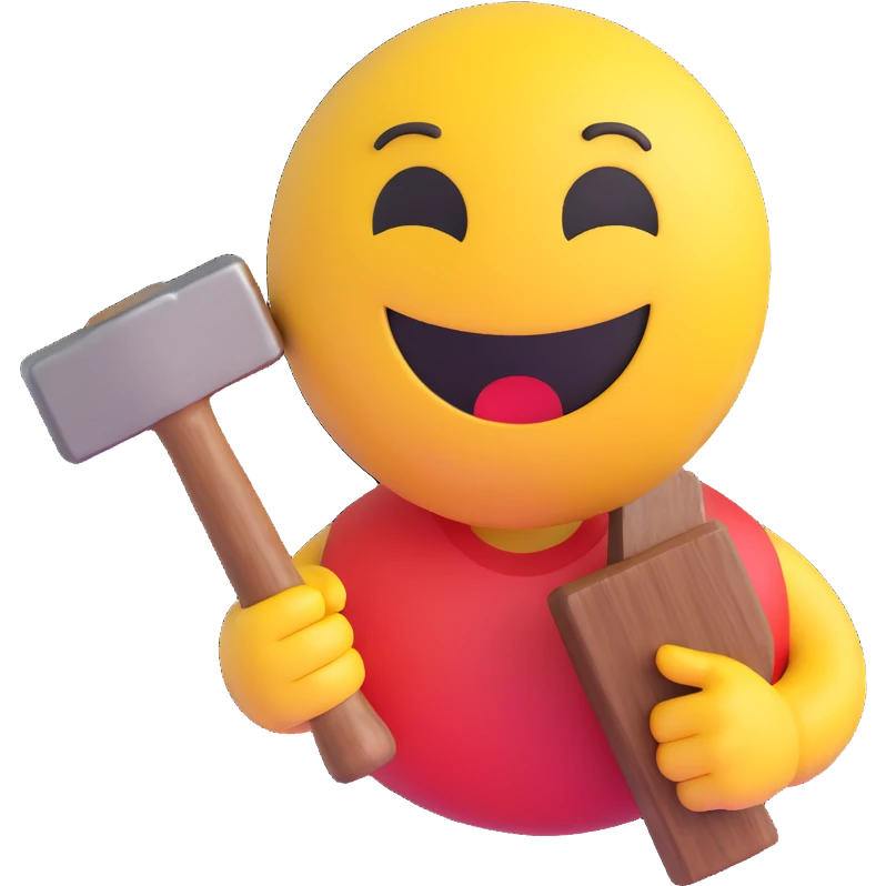3D smiley emoji, round shape, sculptor: holding hammer and chisel, funny face emoji