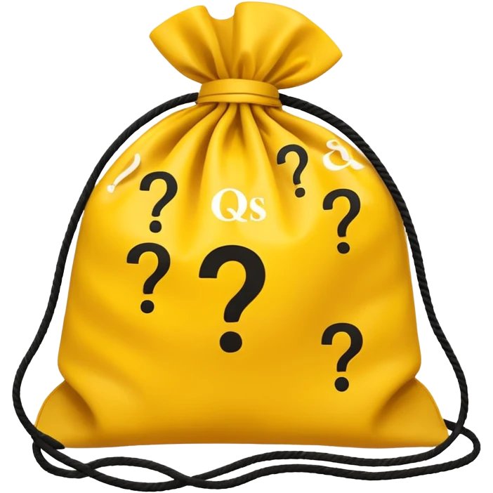 tied bag printed with q&a overstuffed with yellow question marks emoji