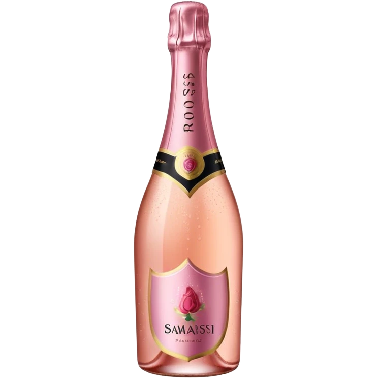 bottle of sparkling rosé champagne with a rose logo on the label, tilted up and to the right, no glass emoji