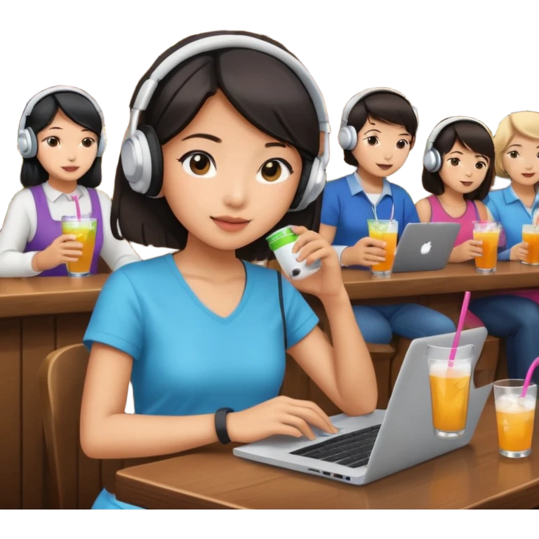 An Asian girl at the crowded bar with a laptop and headphones on holding a drink  emoji