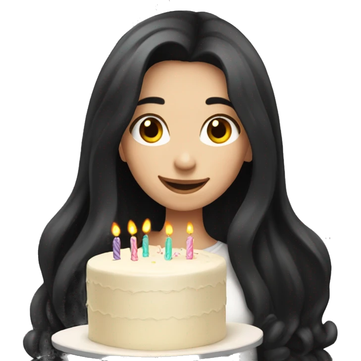 Pale girl with long black hair celebrating with cake  emoji