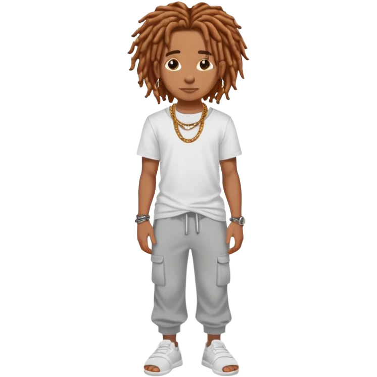 Brown skin boy with dreadlocs with tattoos and stud earrings and ginger/brown hair wearing white tee and grey sweatpants , a chain, and slides  emoji