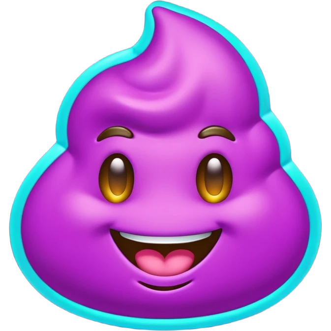 futuristic glowing poop emoji with funny smiling face, purple and cyan neon glow, dark background emoji